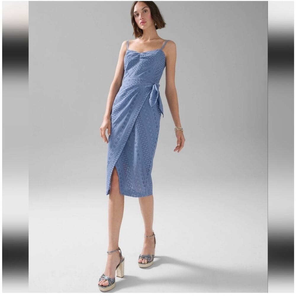 Blue Eyelet Midi wrap Dress Spaghetti Strap‎ Tie Waist Summer Vacation Style